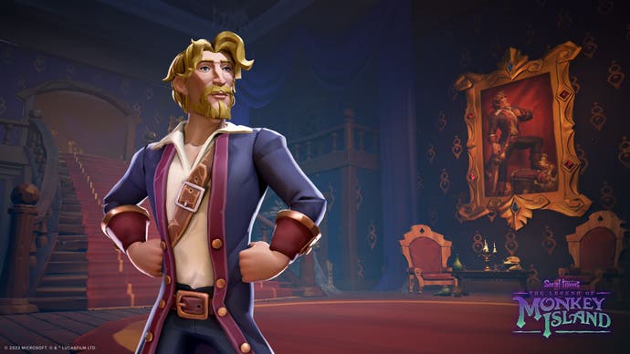 A bearded Guybrush Threepwood poses heroically in the once-opulent Governor's Mansion.