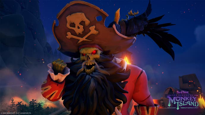 Undead pirate captain LeChuck glowers at the camera while flames erupt against the moonlit sky behind him.