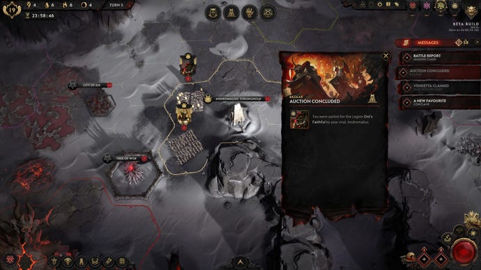 An overhead view of an archfiend stronghold in Solium Infernum, with the message window saying an auction has been concluded.