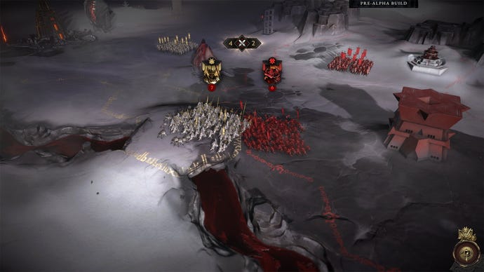 White and red legion armies clash on an ashen hellscape in Solium Infernum (2023)
