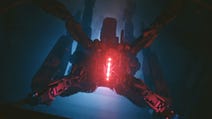 a robot resembling a spider looking down with a red glow in its centre
