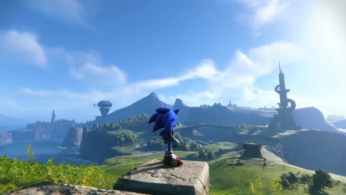Sonic looks out over a lush landscape in Sonic Frontiers