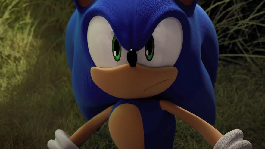 Sonic The Hedgehog looks worried in a screenshot form Sonic Frontiers.