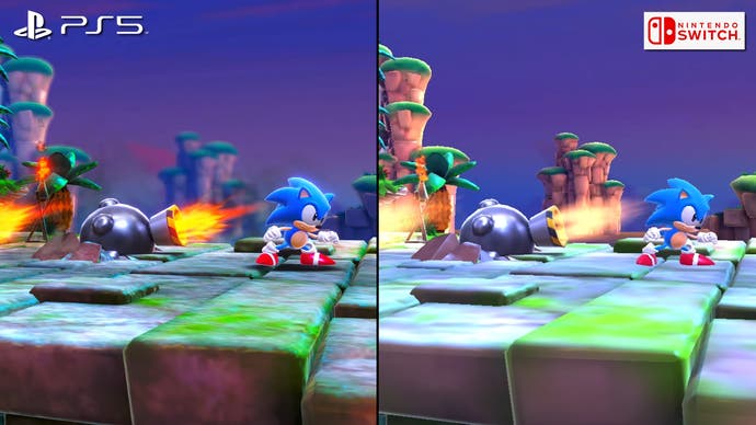 sonic superstars ps5 vs switch versions, showing the differences in resolution, texture quality and depth-of-field blur