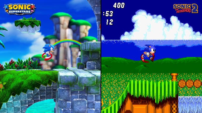 screenshot comparing sonic superstars to sonic 2,specifically their animation and feeling of movement
