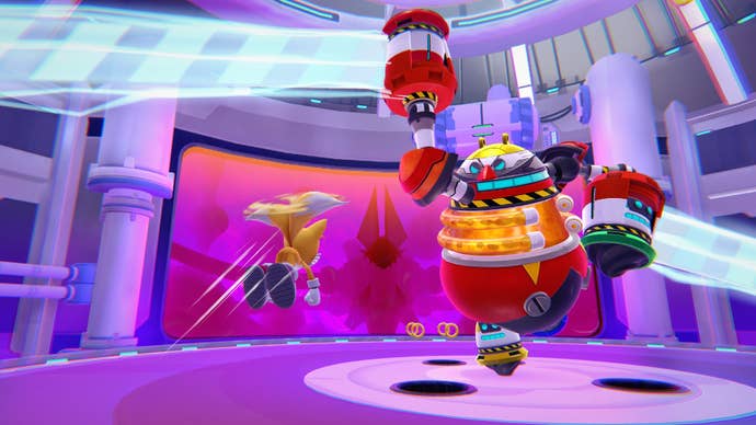 Tails est dans un combat de boss avec un robot Dr. Eggman dans Sonic Dream Team
