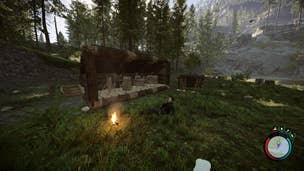 The player looks at Kelvin sat by a fire in front of a base in Sons of the Forest