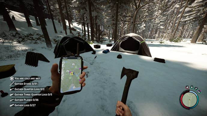 Der Spieler holt die moderne Axt von einem Campingplatz in Söhnen des Waldes ab