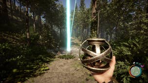 The player holds the Artifact while in front of an electric current that is coming from the ground in Sons of the Forest