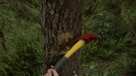 A player swings a firefighter axe at a tree in Sons Of The Forest.