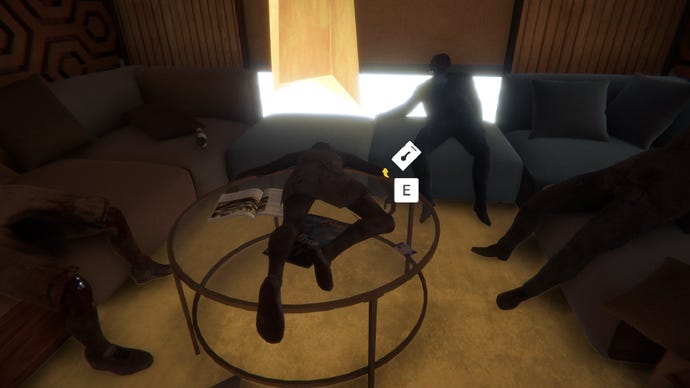 A player stares at a keycard on a table by some bodies in Sons of the Forest.