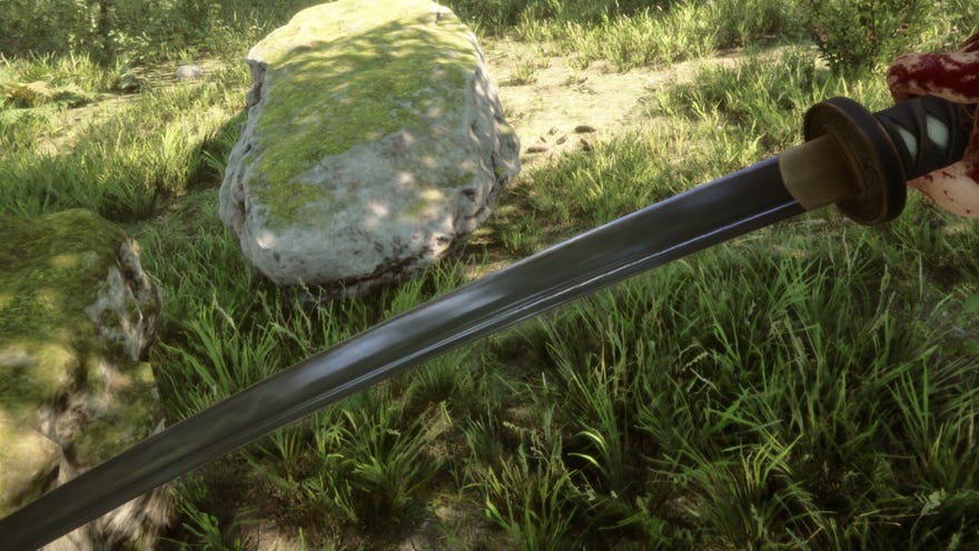 A player blocks with the katana in Sons Of The Forest.