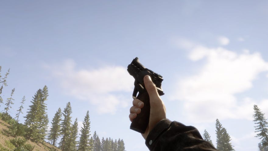 Sons Of The Forest image showing a player reloading the Revolver while aiming at the sky.