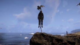 A bird lands on a corpse, which is impaled on a pole by the sea in Sons of the Forest.