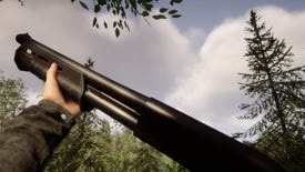 A player holds a shotgun in the air in Sons Of The Forest.
