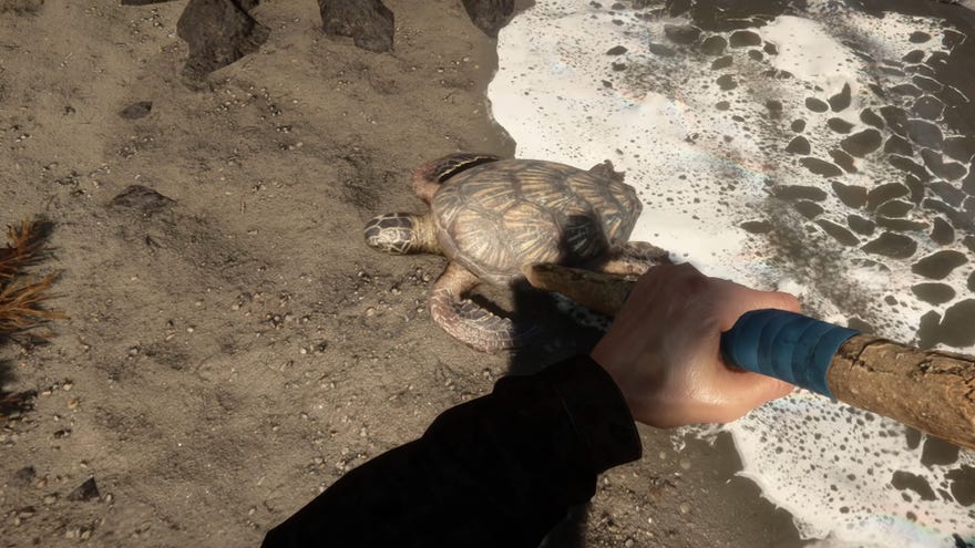 Um jogador aponta uma lança para uma tartaruga em filhos da floresta