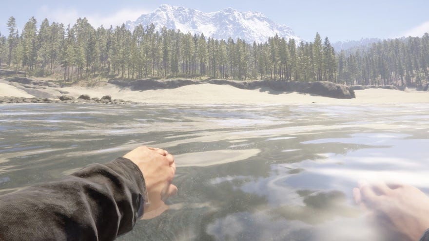 A player swims towards the beach in Sons of the Forest.