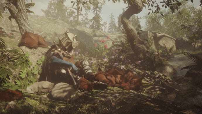 In Soulframe schläft ein Krieger inmitten von Waldbewohnern