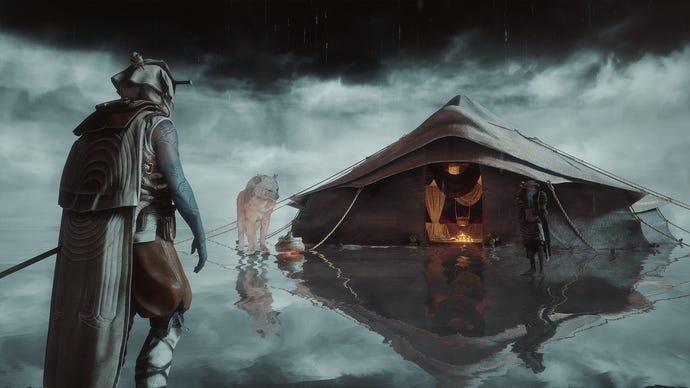 A warrior stands in a watery abstract realm with a tent, white wolf and another human standing in front of them in Soulframe