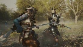 A warrior fights a knight with a deer skull for a head in Soulframe