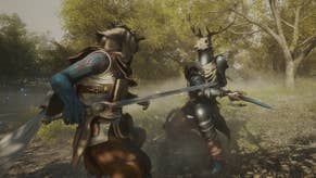 A screenshot of Soulframe showing the player character engaged in a sword fight with an enemy - who wears medieval armour and a stag skull helmet - in a beautiful, sun-dappled forest.