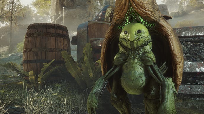 A cabbage-like leafy forest creature sits beside some barrels in Soulframe