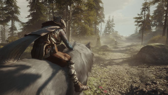 A warrior rides a giant white wolf through a forest in Soulframe