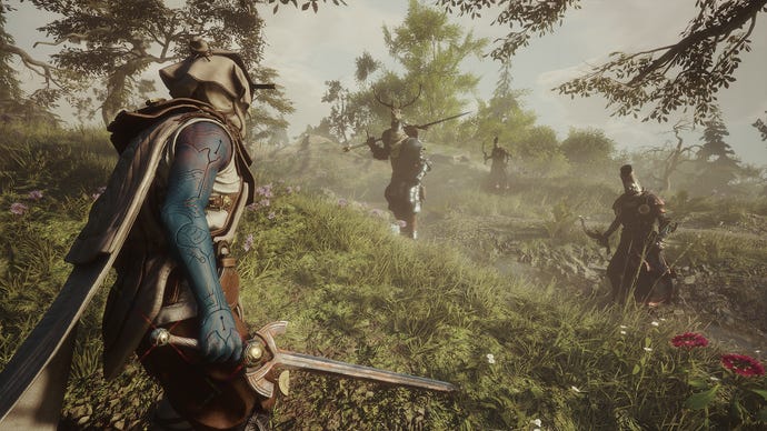 A warrior prepares to fight three enemies in a forest in Soulframe