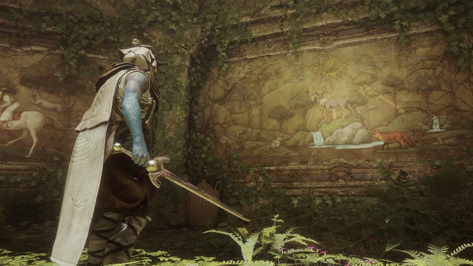 Ein Krieger betrachtet ein Wandgemälde, das eine Waldszene in Soulframe zeigt