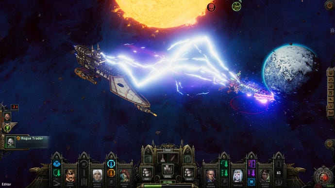 A space battle in Warhammer 40,000: Rogue Trader, with one spaceship performing a lightning attack on another.