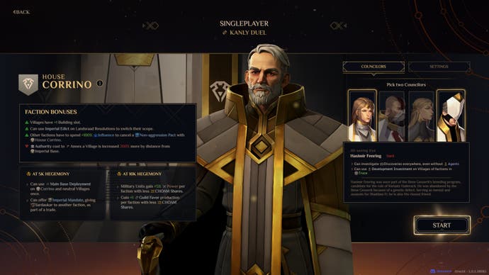 Dune Spice wars screenshot showing faction choice screen showing House Corrino