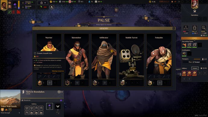 Captura de pantalla de Dune Spice Wars que muestra un menú que muestra posibles modificaciones para las unidades terrestres de Fremen