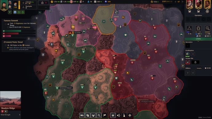 Dune Spice Wars Screenshot zeigt eine vollständig vergrößerte Karte, die die Verteilung von Atreidides, Harkonnen, Ecaz und Fremen -Fraktionen sowie verschiedene Punkte von Interesse zeigt