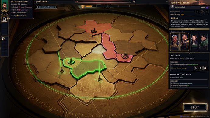 Dune Spice wars screenshot showing mission select menu in Conquest mode, showing objectives, councillors and some flavour text