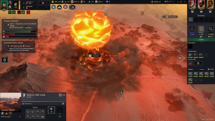 Dune Spice Wars Screenshot zeigt einen Atomangriff auf eine Siedlung, der eine große Pilzwolke zeigt