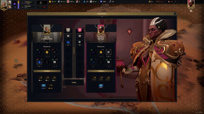 Capture d'écran Dune Spice Wars montrant un menu de diplomatie montrant un échange de ressources dans un accord commercial