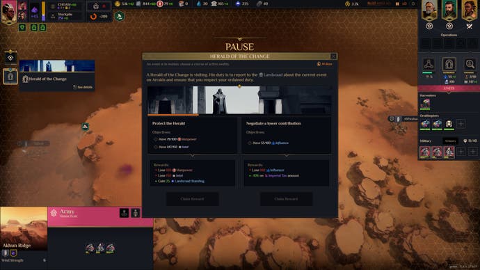 Captura de pantalla de Dune Spice Wars que muestra un menú que muestra un evento generado al azar, dos opciones sobre cómo resolverlo y los costos y beneficios de cada opción
