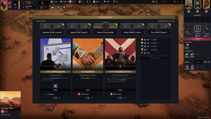Capture d'écran Dune Spice Wars montrant un menu montrant trois mouvements proposés aux votes de Landsraad et du joueur sur chaque