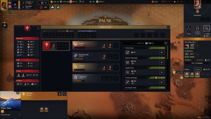 Dune Spice wars screenshot showing a menu showing the espionage options and the placement of agents within House Harkonnen, Arrakis, the Spacing Guild, and CHOAM