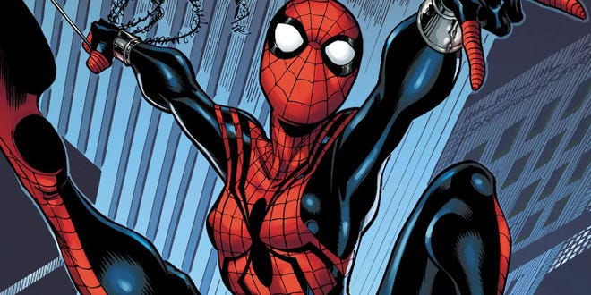 Mayday Parker in her Spider-Girl costume swinging