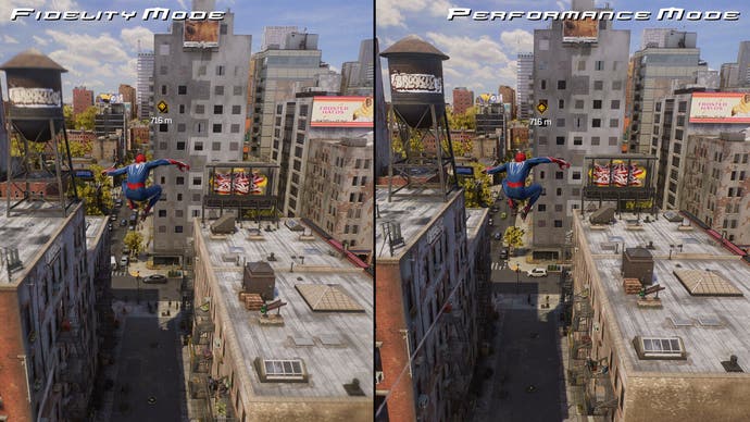 A side-by-side comparison of Spider-Man 2 running in fidelity mode and performance mode, with small differences in resolution evident.
