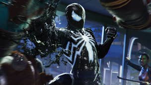 Spider-Man, in the famous black suit (powered by Venom), beats off some would-be attackers.