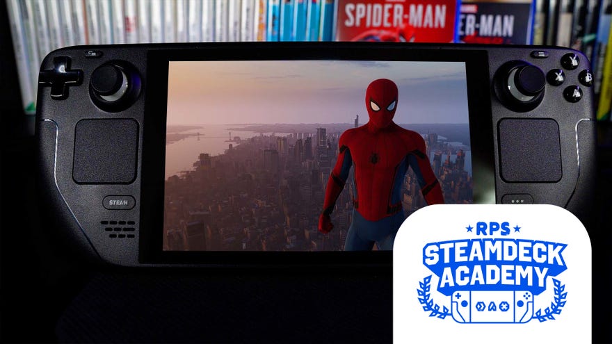 Spider-Man Remastered running on a Steam Deck. The RPS Steam Deck Academy logo is added in the bottom right corner.