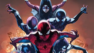 A group Spider-hero image, cropped, featuring multiple heroes