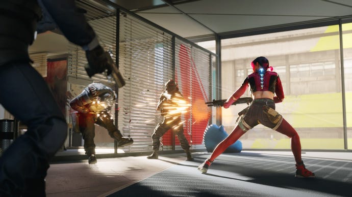 A woman shotguns a guard inside an office building in Spine