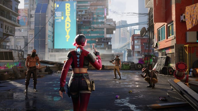 A woman walks across a cyberpunk-themed rooftop in Spine