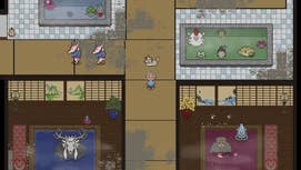The player stands inside a fully-upgraded bathhouse full of spirits in Spirittea