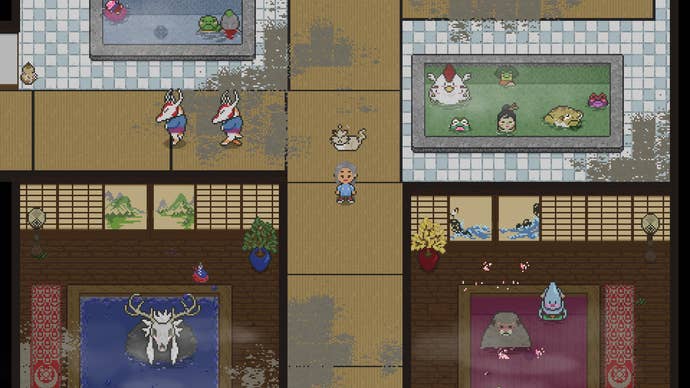 El jugador se encuentra dentro de una casa de baños completamente mejorada y llena de espíritus en Spirittea.