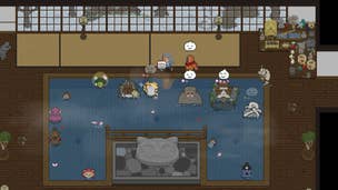 The player stands in the fully-upgraded bathhouse by a large bath full of spirits in Spirittea