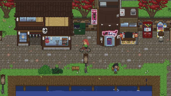 El jugador anda en bicicleta por el centro, pasando por la tienda de sushi y el bar de karaoke en Spirittea.